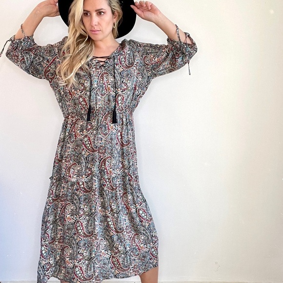 Suzanne Betro Black, Blue, Red Paisley Midi Dress - Picture 1 of 11